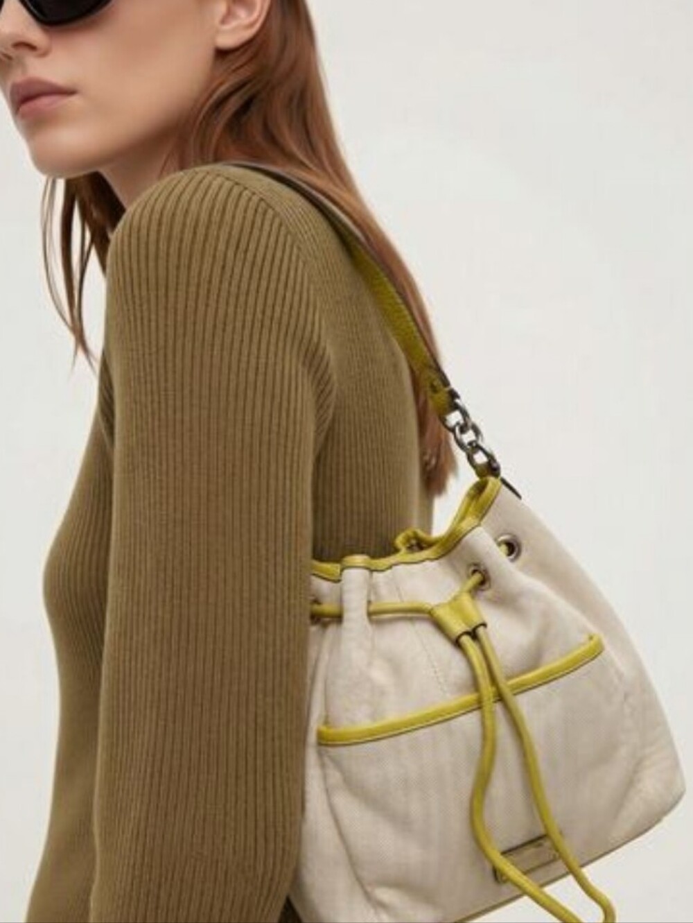 COACH Canvas Drawstring BOHO CHIC Bucket Bag with Yellow Trim